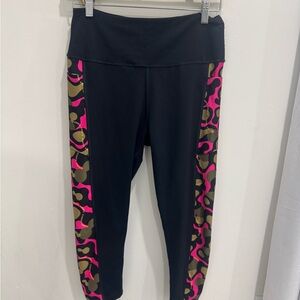 Zumba Fitness Black Leggings with Pink & Green Animal Print Accents